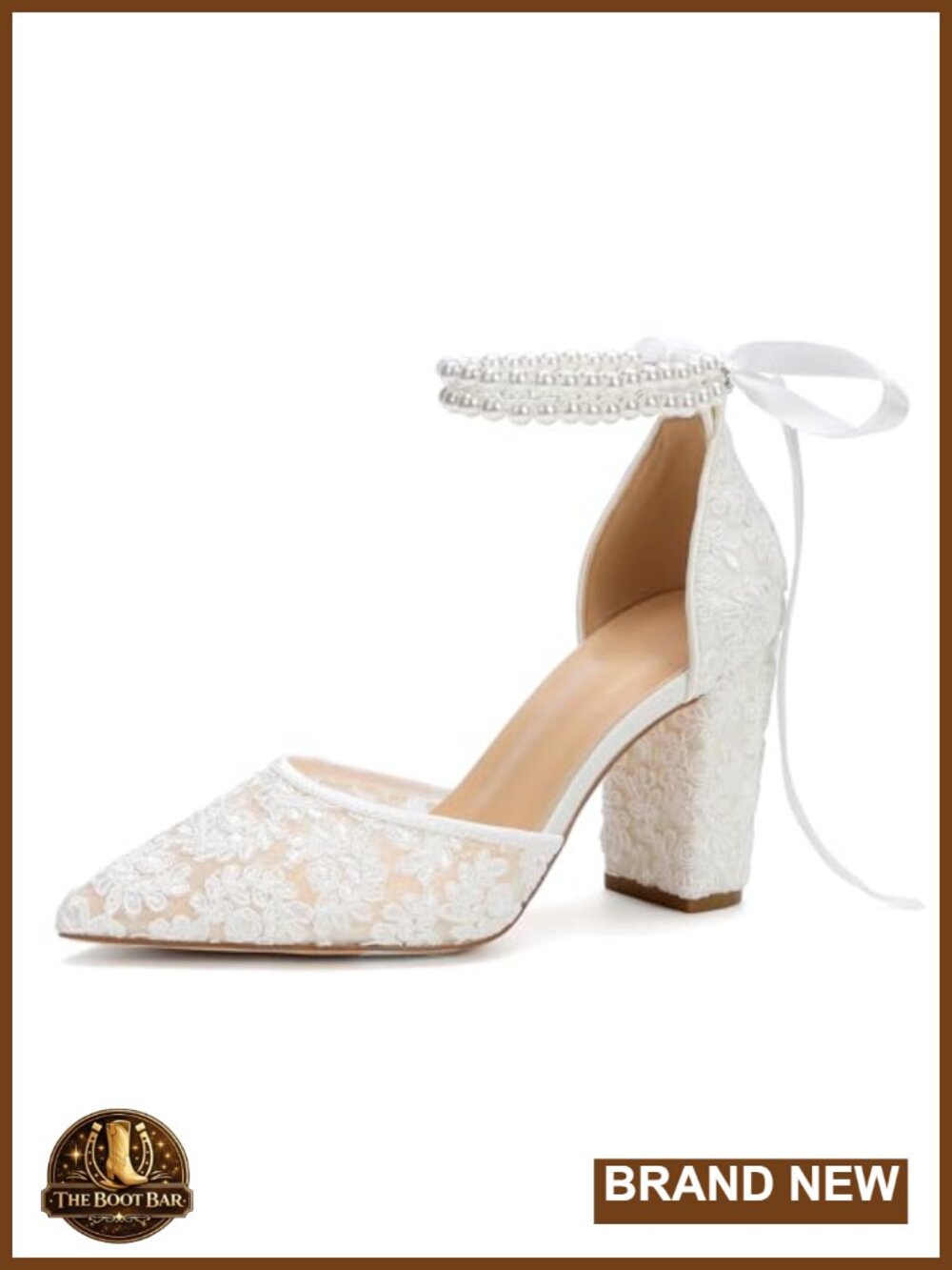 Lace Block Heel Wedding Shoes Pearl Bridal Heels Chunky Ankle Strap Pumps